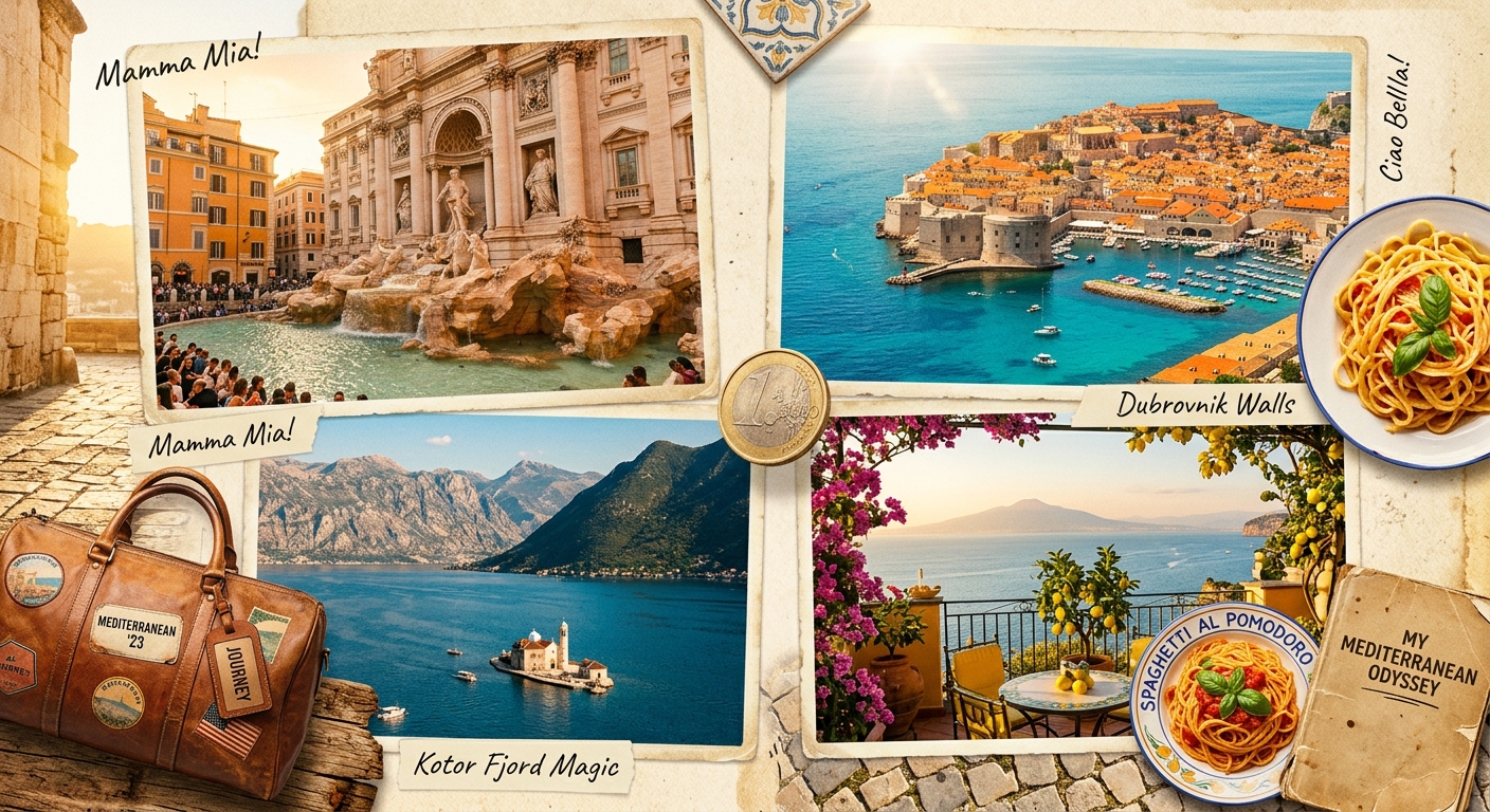 A sun-drenched Mediterranean travel scene collage rendered in warm, golden editorial photography style: a sparkling Trevi Fountain in Rome at golden hour, the ancient walled old town of Dubrovnik Croatia perched above brilliant blue Adriatic waters, a dramatic fjord view of Kotor Montenegro with a tiny island church nestled in calm water, and a lemon-scented terrace in Sorrento overlooking the sea. The composition feels like a cherished memory — cinematic and nostalgic, rich with the textures of cobblestone streets, terracotta rooftops, turquoise water, and sun-bleached stone. Scattered visual elements include overflowing plates of pasta, a spinning euro coin mid-air, and a well-worn travel bag. The overall mood is joyful, bittersweet, and deeply satisfied — the feeling of a trip of a lifetime coming to a close, photographed in soft warm light with a travel journal aesthetic.