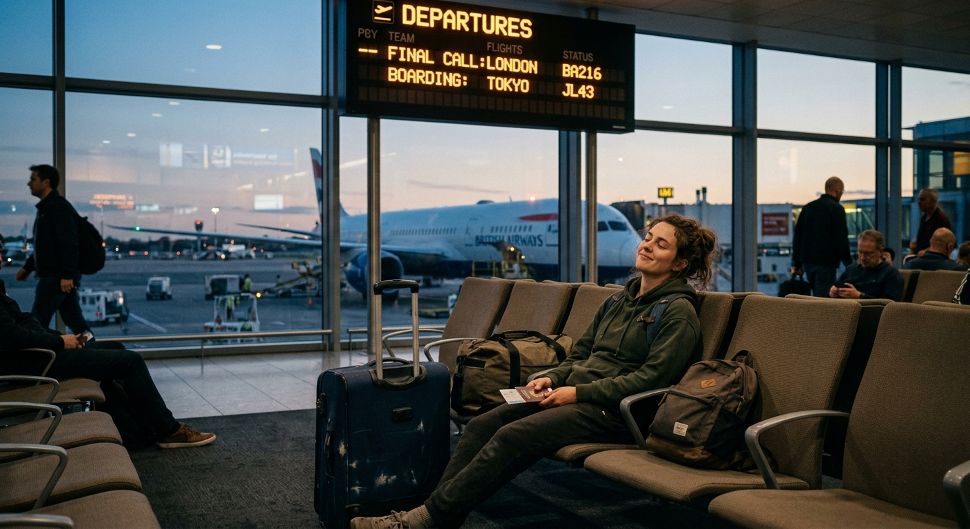 A weary but satisfied traveler slumped in an airport terminal seat, surrounded by luggage, large windows revealing a tarmac at dusk, the warm amber glow of a departure board overhead. The mood is exhausted but content — disheveled hair, travel-worn clothes, a slight smile of relief. In the background, the silhouette of a wide-body aircraft through the glass. Cinematic editorial photography style, muted warm tones with cool blue airport lighting, shallow depth of field, capturing the bittersweet end of a long journey home.